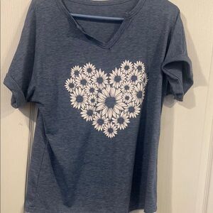 Blue T-Shirt with Floral Heart Design NWOT